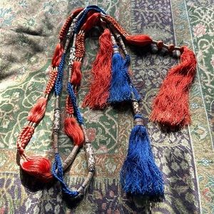 2 long (6ft 8”) tie tassels w gold thread. 1 blue & 1 orange. Vintage boho vibes